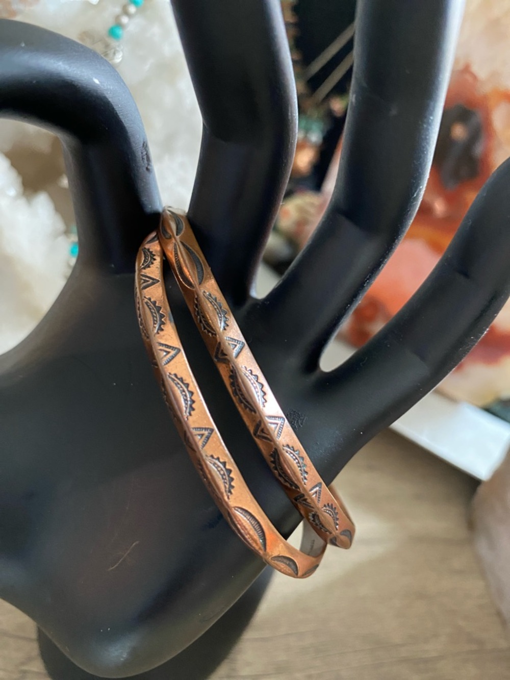 2 Vintage Copper Cuff Bracelet’s Hand Etched Signed Copper VSM? Pyramid Profile - Picture 5 of 7